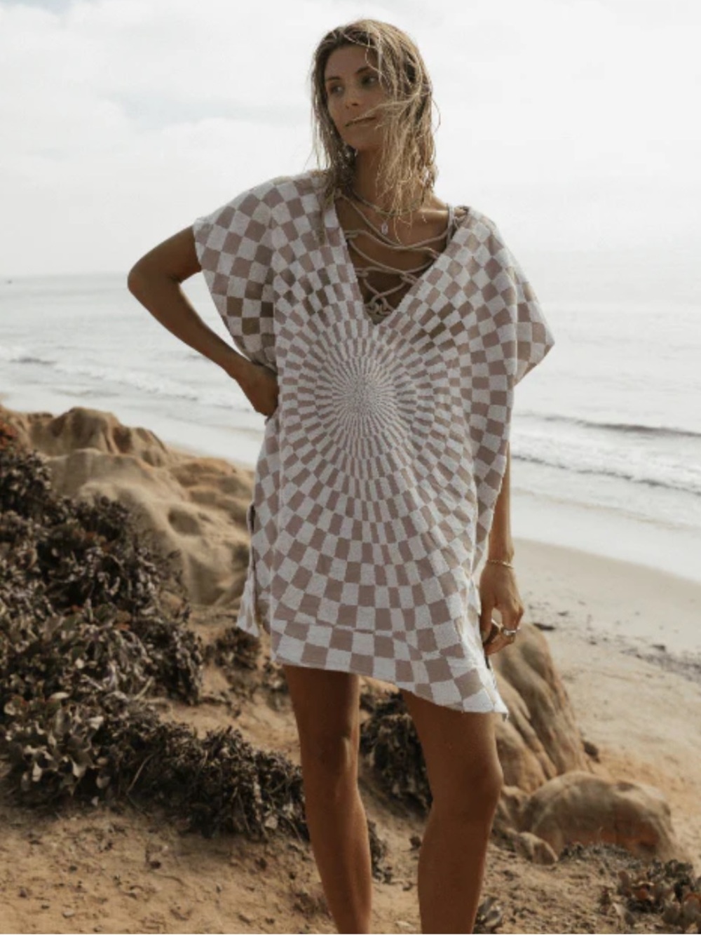 Sand Cloud Checkster swimsuit cover-up in warm taupe OS beach surfer